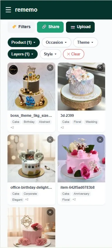 Rememo visual cake catalogue with tagged designs filterable by product, occasion, theme, layers, and style