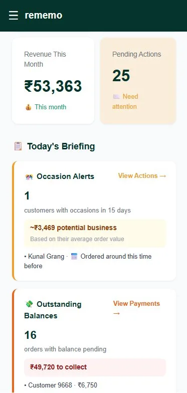 Rememo dashboard showing AI occasion alerts with potential revenue of ₹3,469 from upcoming customer birthdays