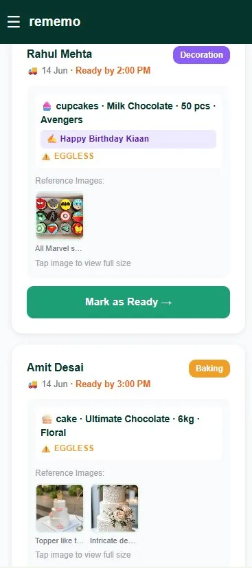 Rememo kitchen panel showing cake orders with reference photos, special instructions, eggless alerts, and Mark as Ready button