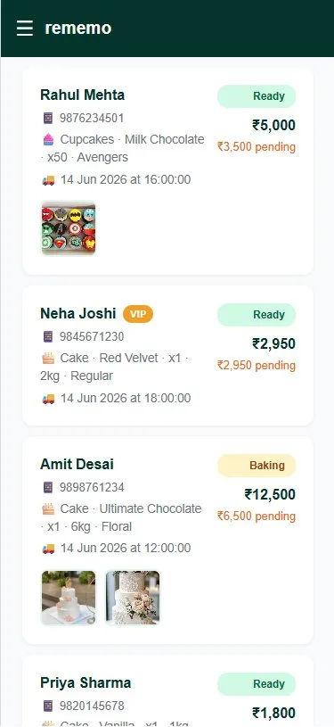 Rememo order management screen showing custom cake orders with amounts, delivery dates, and payment status